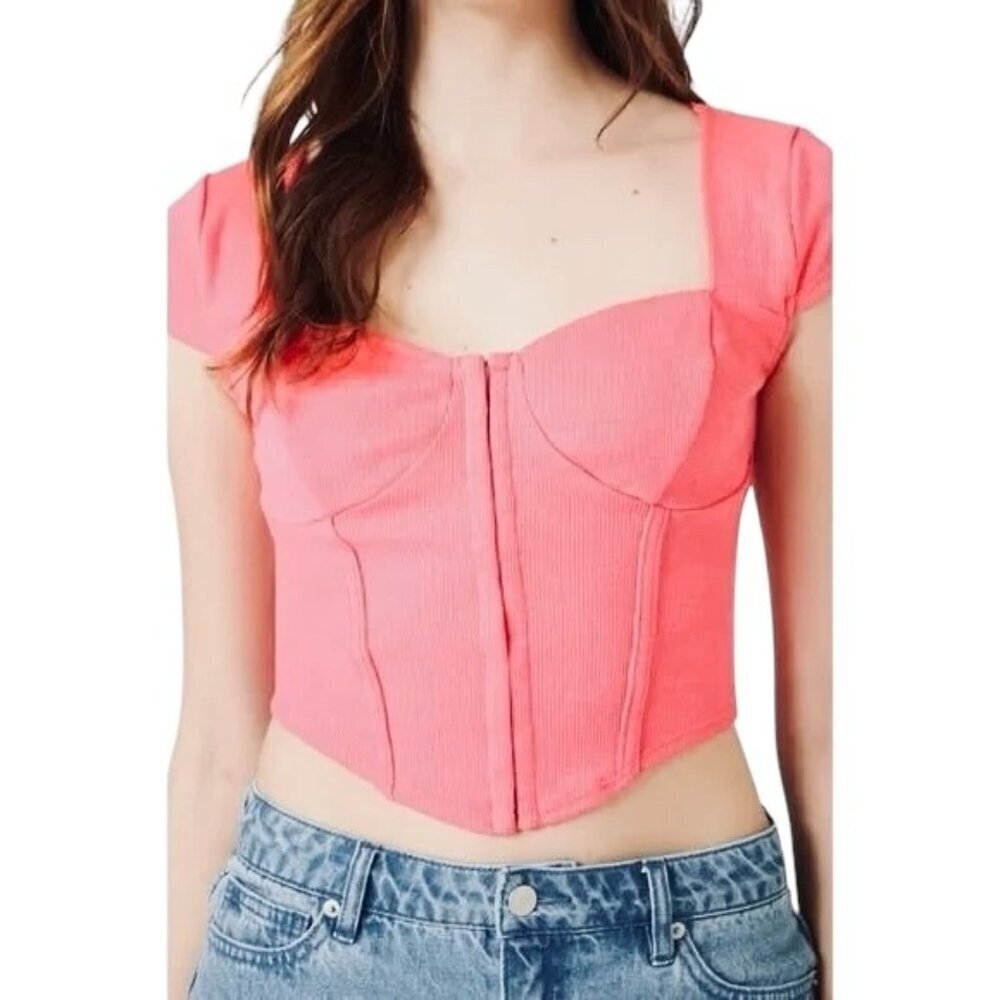 FOREVER 21 Rib-Knit Pink Corset Crop Top - Size Small